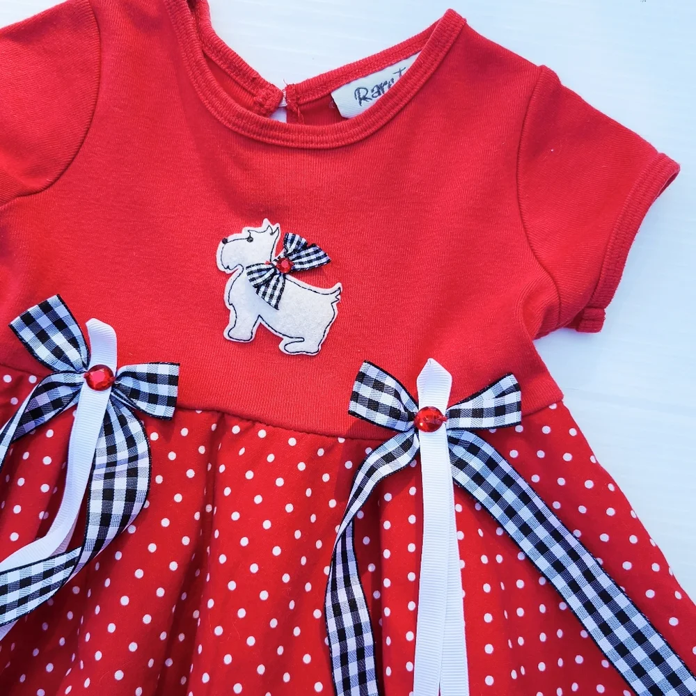 RARE TOO girls red polkadot puppy applique twirl dress